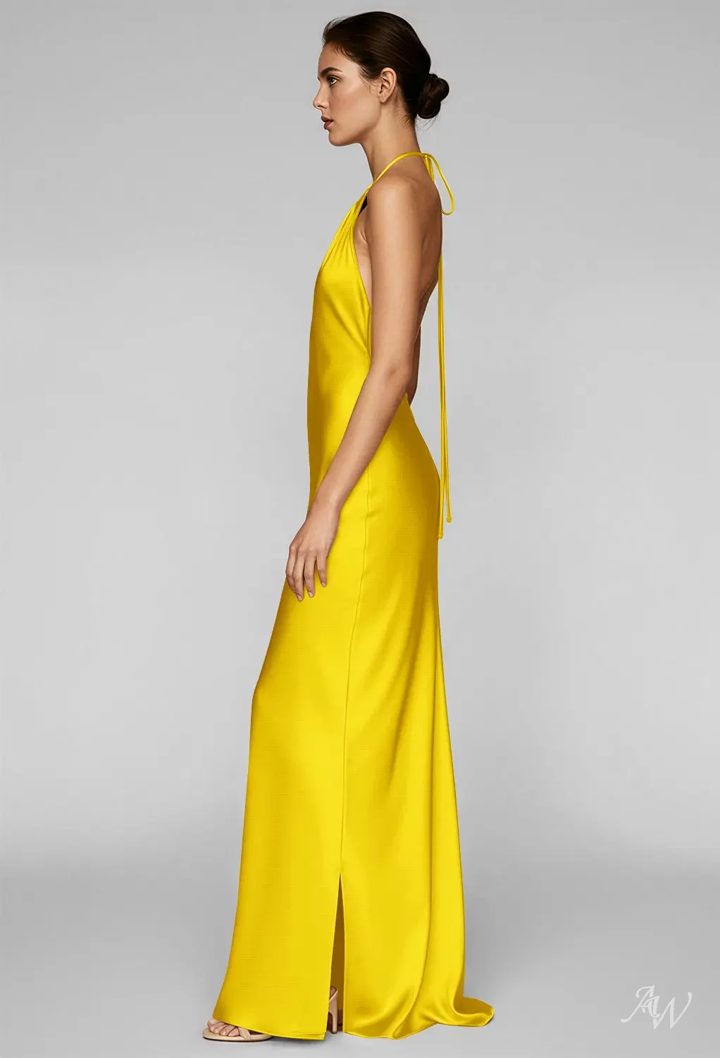 daffodil yellow bridesmaid dresses AW.Bridal Stretch Satin Column Halter Neckline Floor Length Sleeveless Backless Dress Size 18 DKNY Polka Dot Dresses filter:Pattern:Plaid leading to potential differences Color:Garden Flora Spring Green