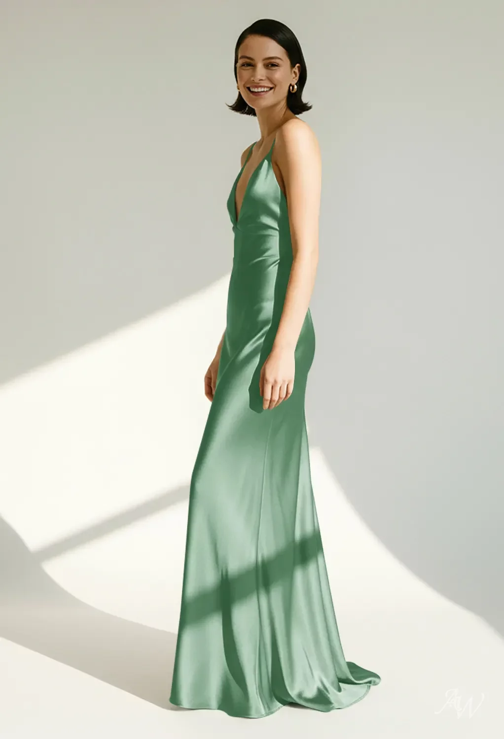 mineral green dress AW Phillis Dress, Oil Satin Charmeuse Stretch Satin Floor Length V-Neck Bridesmaid Dresses truefit:root:landon-mini-dress-white
