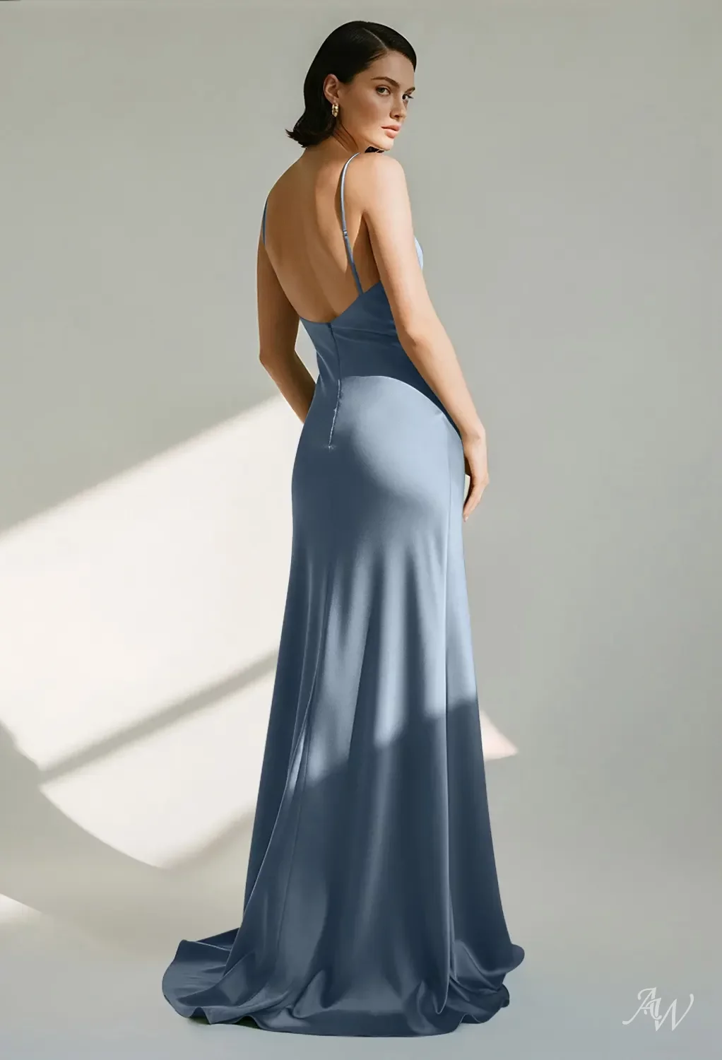 AW Phillis Dress, Oil Green Satin Charmeuse Stretch Satin Floor Length  V-Neck Bridesmaid Dresses | AW.Bridal