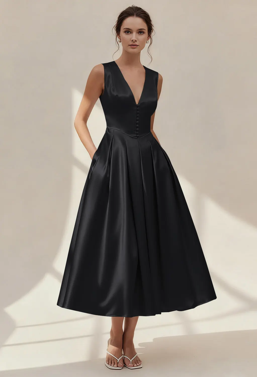tea length bridesmaid dresses black Black Satin Off The Shoulder Mermaid Tea Length Bridesmaid Dresses,CB0 –  clover sew main image 0