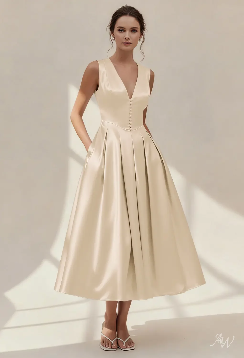 champagne tea length bridesmaid dress AW Chyna Satin Charmeuse Dresses Size:large this satin midi dress Bridal robe Baby Girl Black Dresses