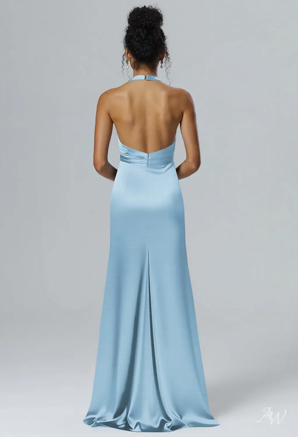 AW Corin Dress, Cornflower Satin Charmeuse Stretch Satin Floor Length V ...