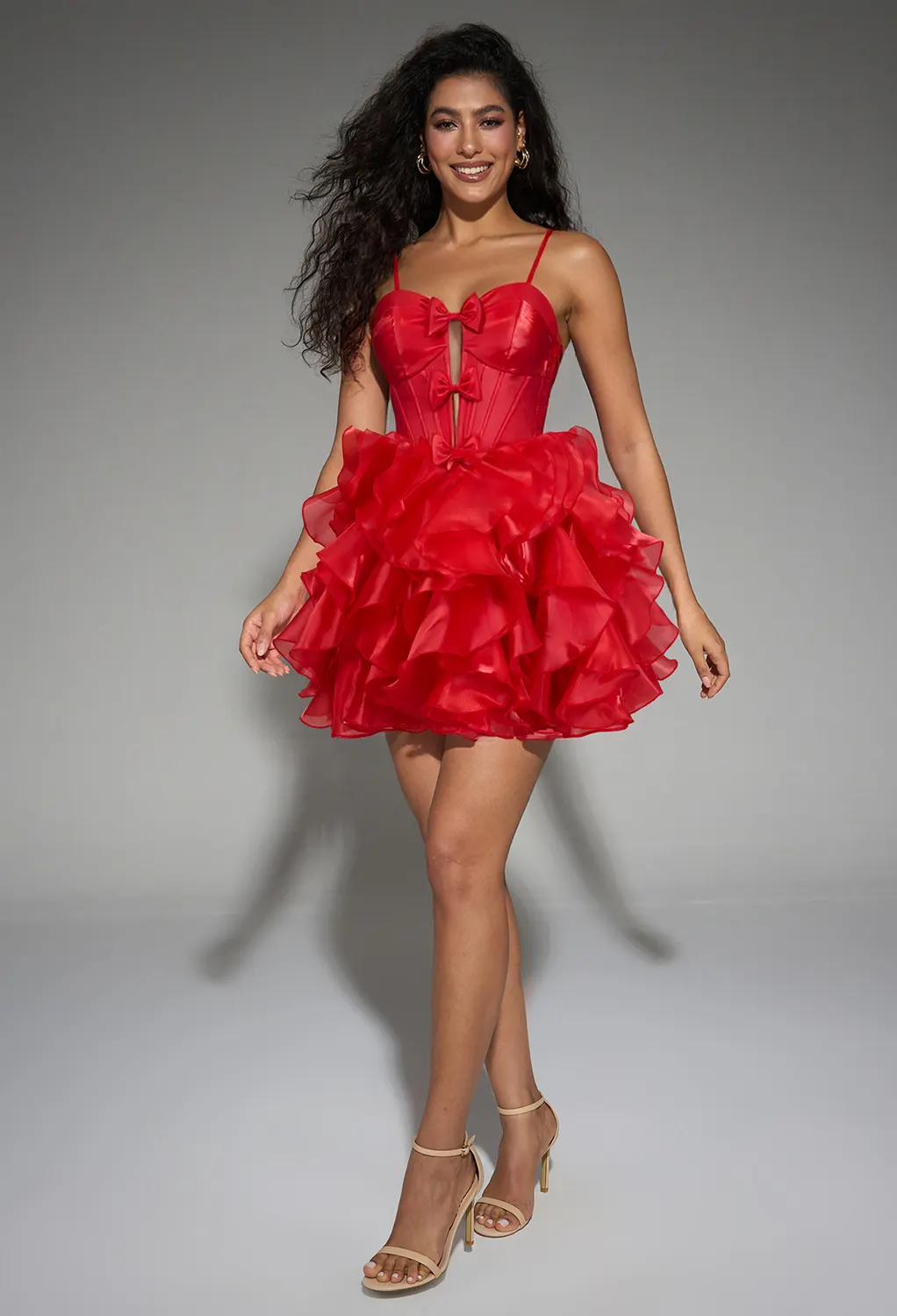 fitted lace wedding dress Cute Strapless Red Ruffle Satin Mini Homecoming Dress – FancyVestido main image 0
