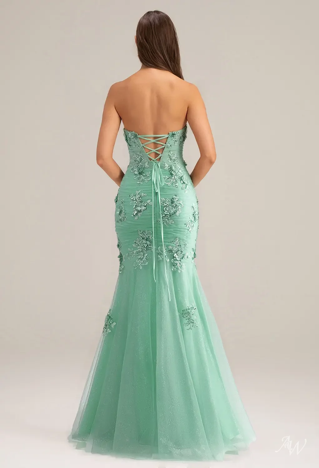 AW.Bridal Mermaid Straight Neckline Floor Length Sleeveless Strapless Beading Prom Dresses Dress Mint Green Size 8