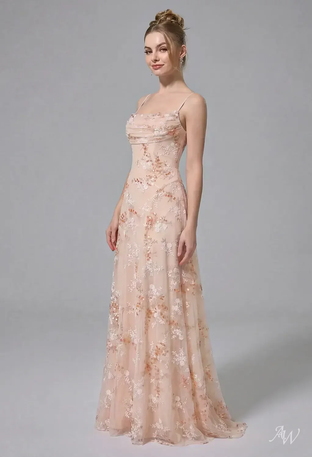 apricot prom dress AW.Bridal A-line Scoop/U-Neck Floor Length Sleeveless Spaghetti Straps Backless Prom Dresses Dress Apricot Size 16