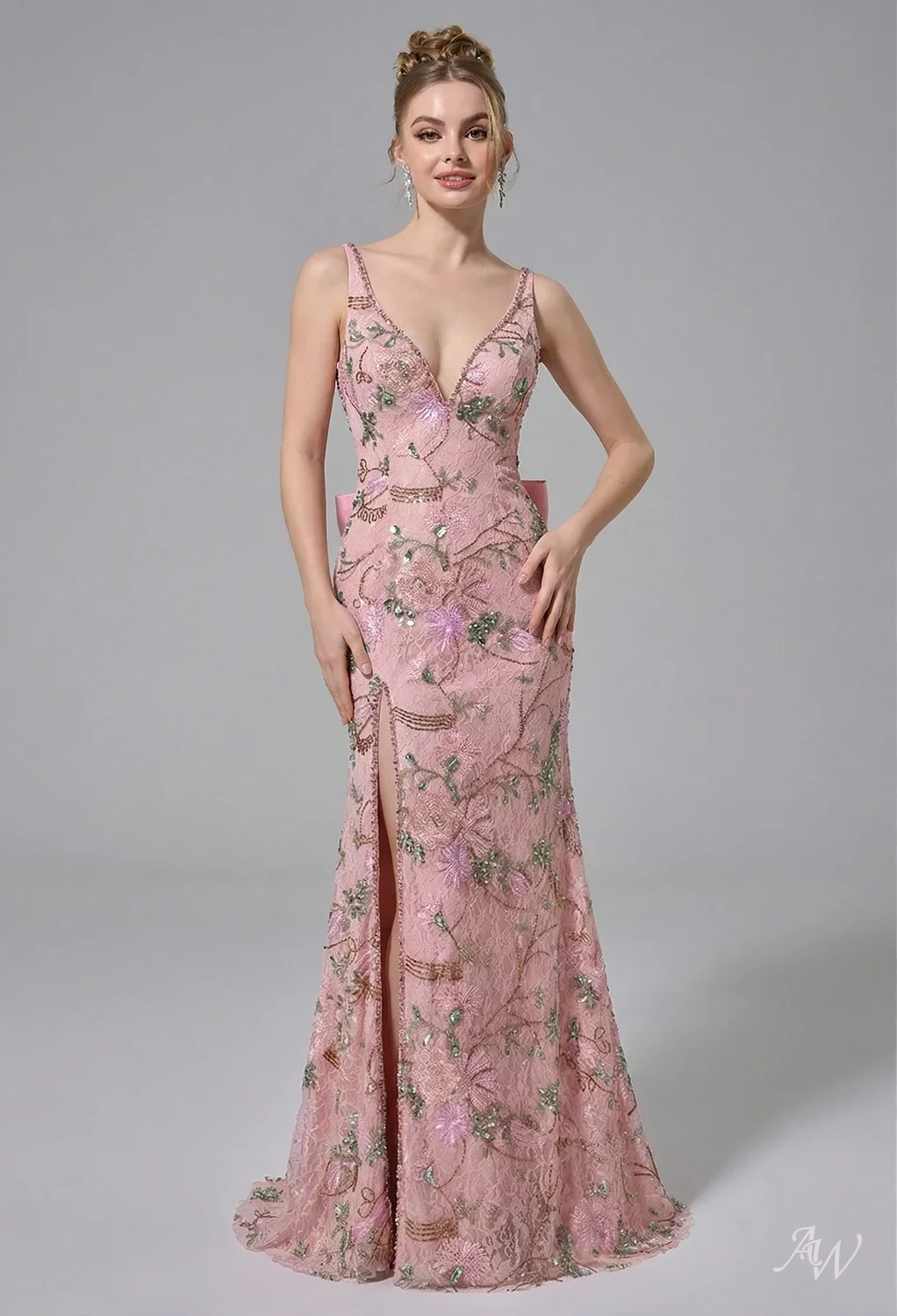 AW.Bridal Mermaid V-Neck Sleeveless Spaghetti Straps Long Floral Prom Dresses Dress with Open Back Bow Rose Quartz Size 8 Sherri hill 57601