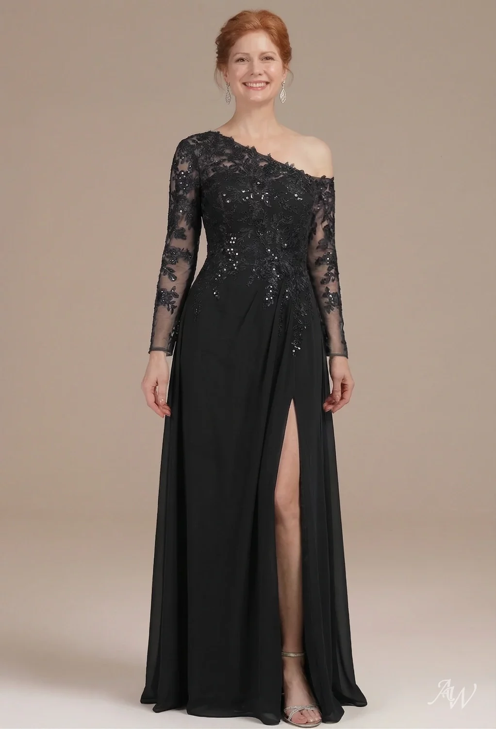 AW.Bridal A-line One Shoulder Floor Length Long Sleeves Mother of the Bride Dresses Dress Black Size 8