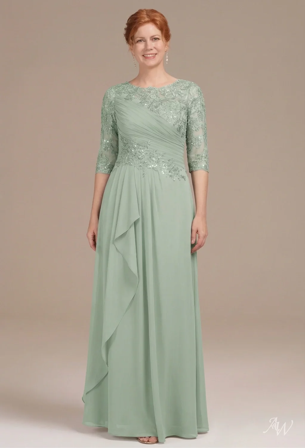 sage green mom of bride dress Dusty Sage Green Mother Of Bride Dress A-Line Appliques 3/4 Sleeves V-Neck Tea-Length Chiffon Mother Of The Bride Dress main image 0