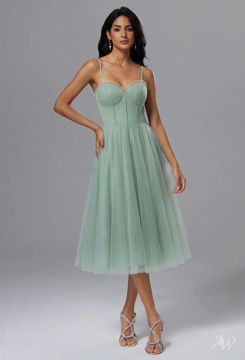 open lace back dress Wedtrend Women Sage Prom Dress with Flowers Detachable Sleeves Corset A-Line Spaghetti Straps Formal Dress, Sage / US12 main image 1