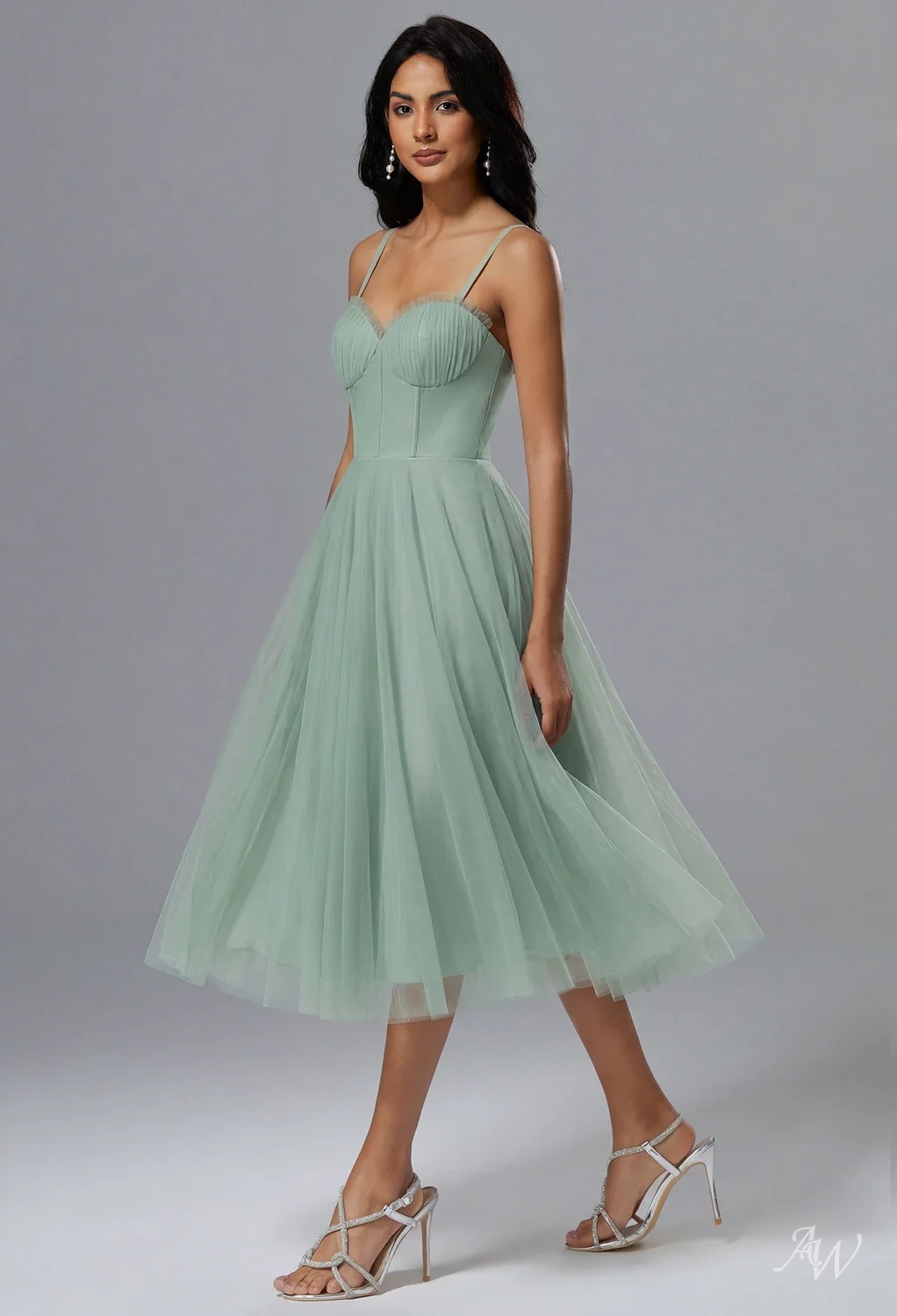 AW Carry Dress, Sage Green Tulle Tea Length Sweetheart Neckline Prom ...