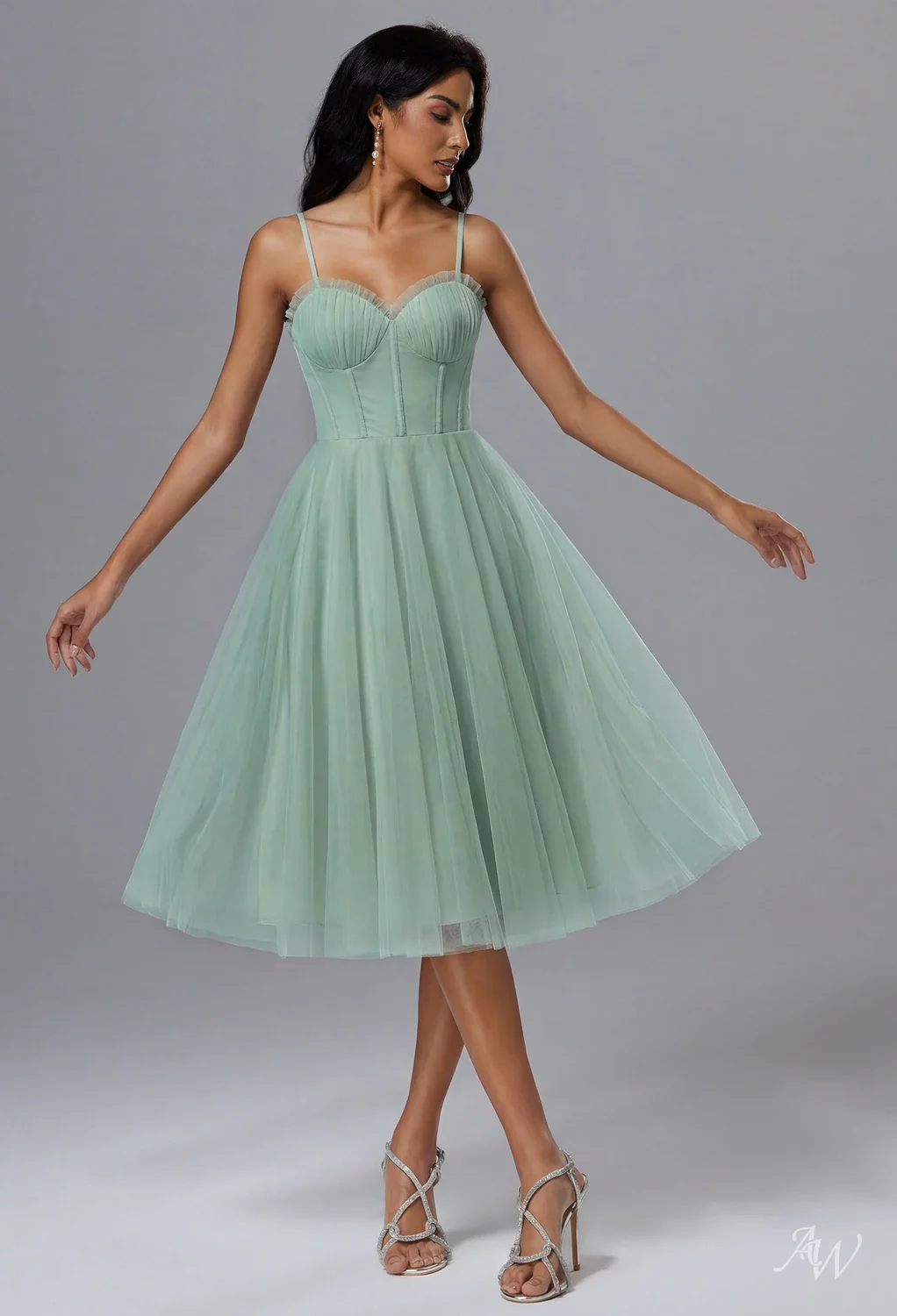 AW Carry Dress, Sage Green Tulle Tea Length Sweetheart Neckline Prom ...