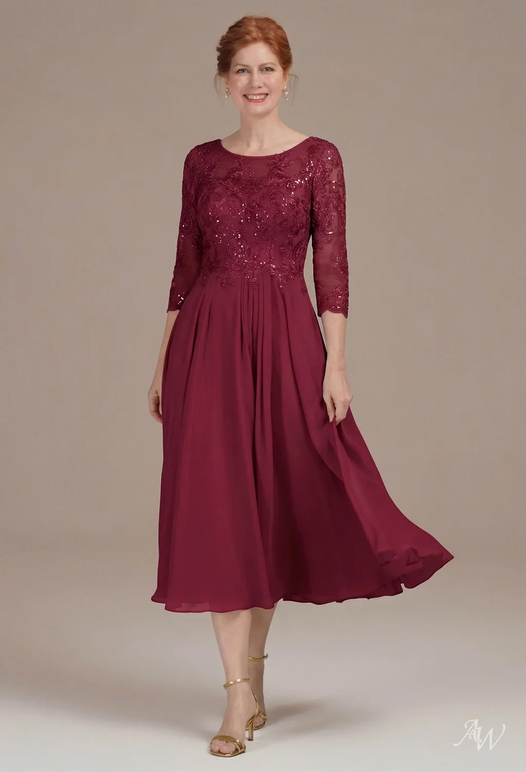 tea length burgundy mother of the bride dresses A-Line/Princess V-Neck 3/4 Sleeves Floor Length Mother of the Bride Dresses With Appliques & Beading Cabernet