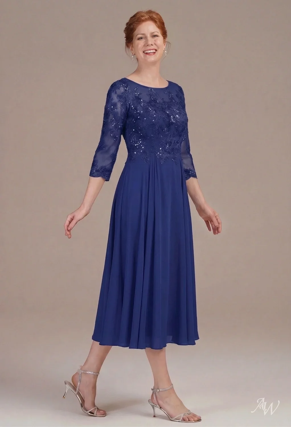 royal blue tea length dress A-Line Royal BLue Dot Net Tea Length Prom Dress main image 0