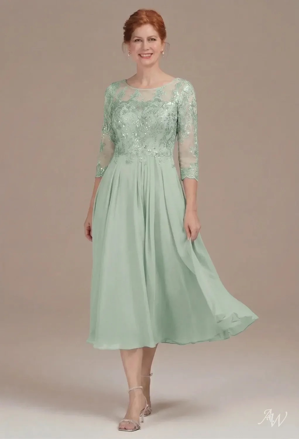 green mother of the bride dresses tea length Stylish A-line V-Neck 3/4 Sleeves Pleated Tea-Length Mother of the Bride  Dress