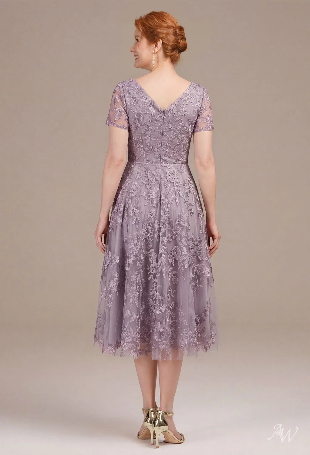 short purple mother of the bride dresses AW.Bridal A-line Bateau Neckline Tea Length Short Sleeves Mother of the Bride Dresses Dress Purple Haze Size 8