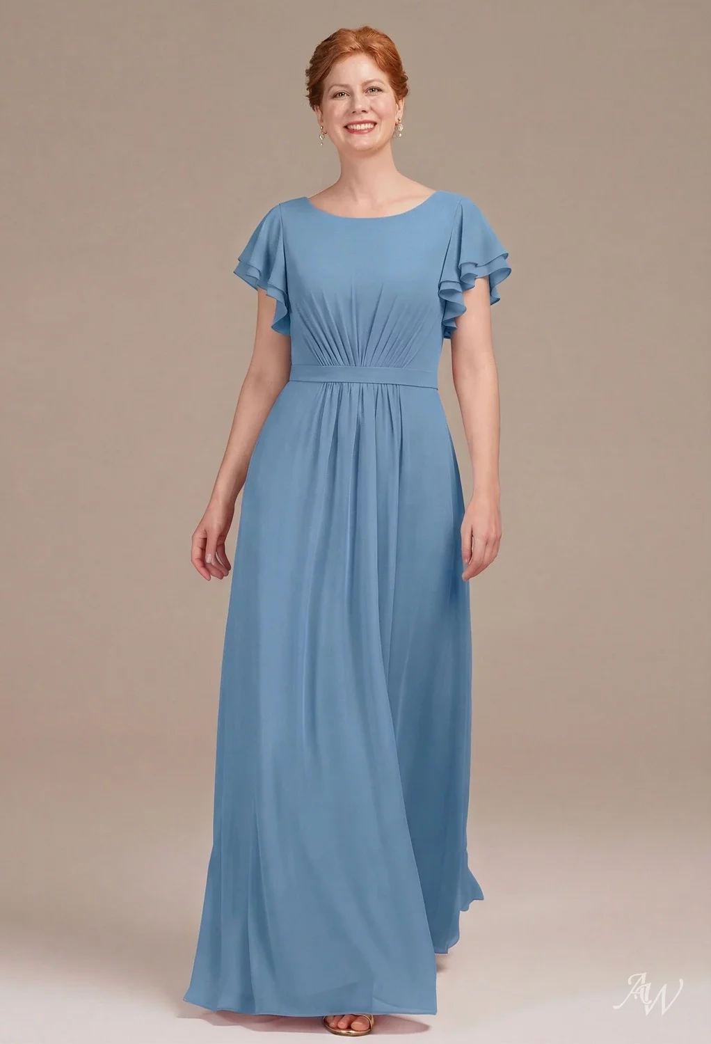 AW.Bridal A-line Bateau Neckline Floor Length Short Sleeves Mother of the Bride Dresses Dress Dusty Blue Size 18