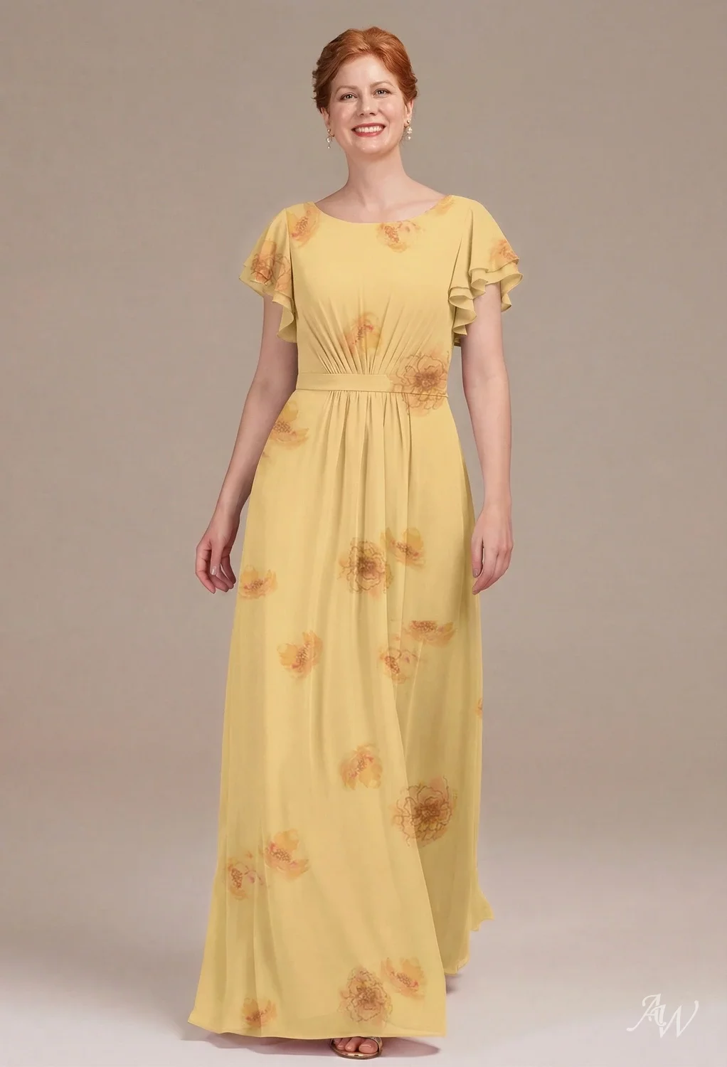 AW.Bridal A-line Bateau Neckline Floor Length Short Sleeves Floral Mother of the Bride Dresses Floral Dress Golden Peony Size 8