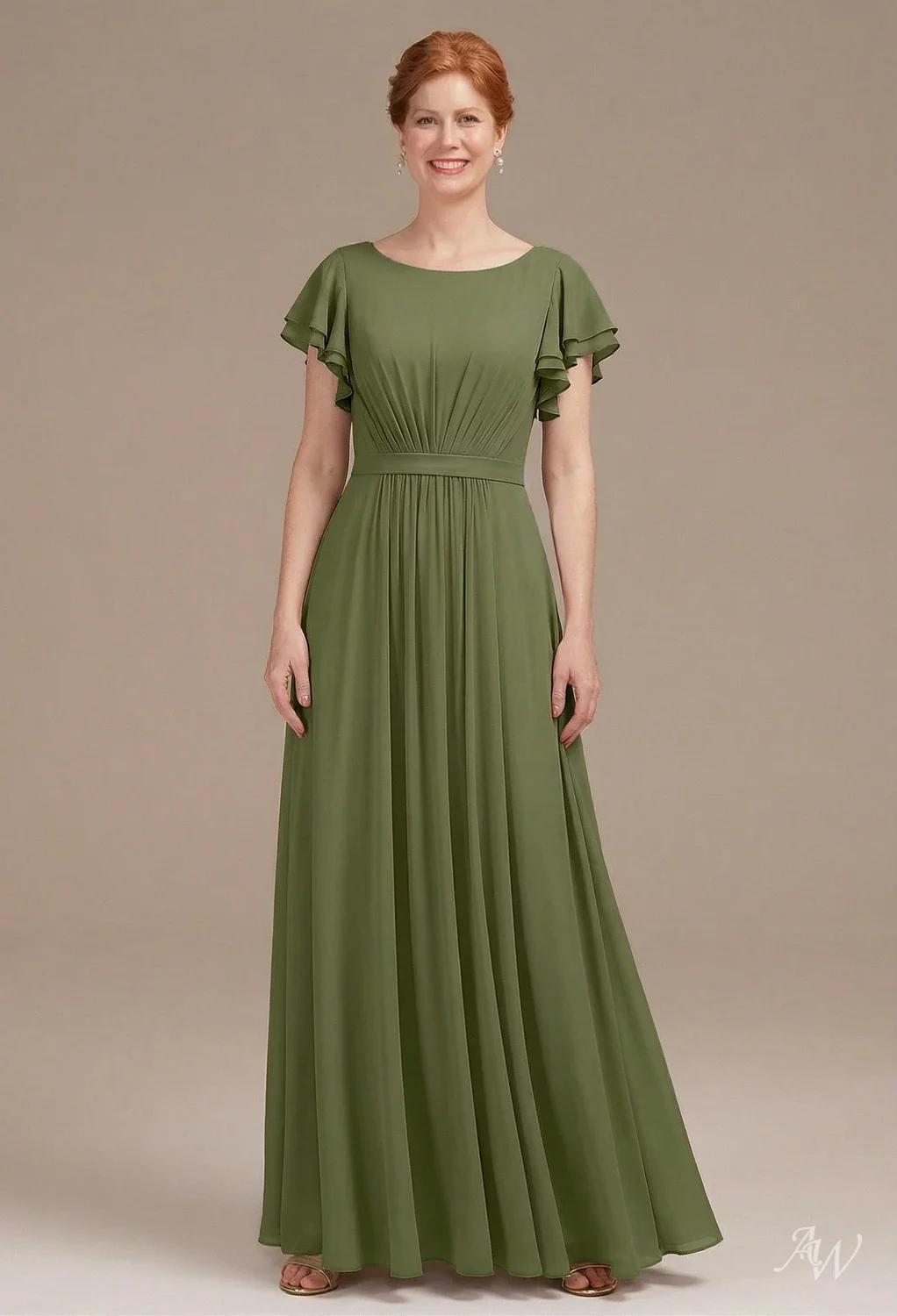 AW.Bridal A-line Bateau Neckline Floor Length Short Sleeves Mother of the Bride Dresses Dress Green Olive Size 18