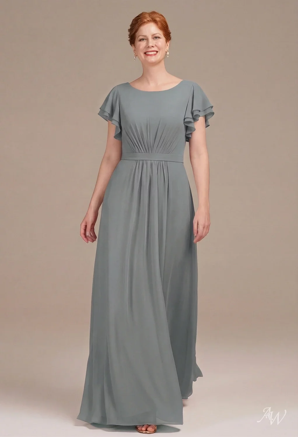 AW.Bridal A-line Bateau Neckline Floor Length Short Sleeves Mother of the Bride Dresses Dress Steel Gray Size 18
