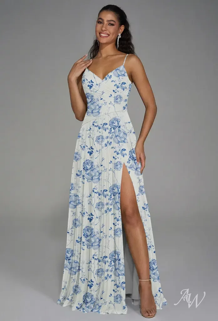 AW.Bridal A-line V-Neck Floor Length Sleeveless Spaghetti Straps Pleat Drop Waist Floral Bridesmaid Dresses Floral Dress Blue Botanical Floral Size 6
