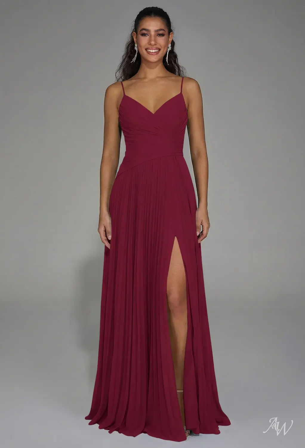 AW.Bridal A-line V-Neck Floor Length Sleeveless Spaghetti Straps Pleat Drop Waist Wedding Guest Dresses Dress Burgundy Size 4