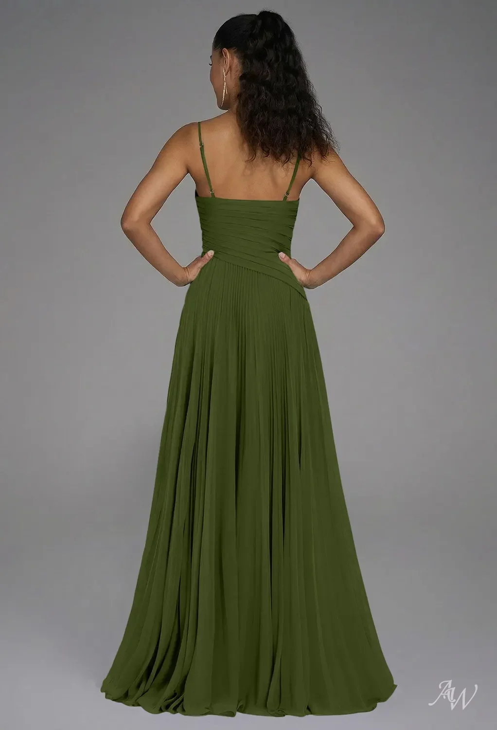 angelina green dress AW.Bridal A-line V-Neck Floor Length Sleeveless Spaghetti Straps Pleat Drop Waist Wedding Guest Dresses Dress Green Olive Size 18