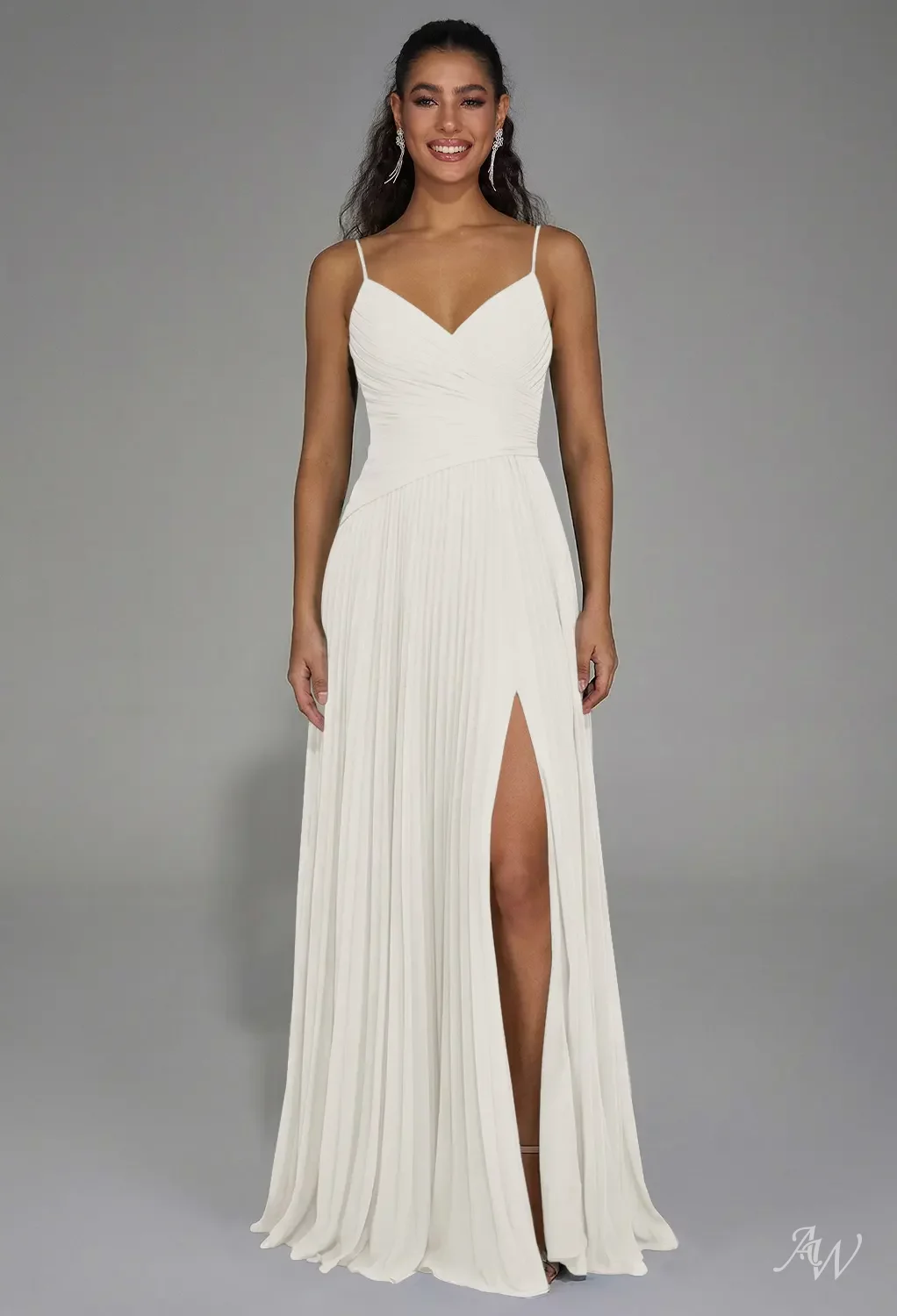 ivory evening dresses AW.Bridal A-line V-Neck Floor Length Sleeveless Spaghetti Straps Pleat Drop Waist Wedding Guest Dress Size 8 long white satin dress