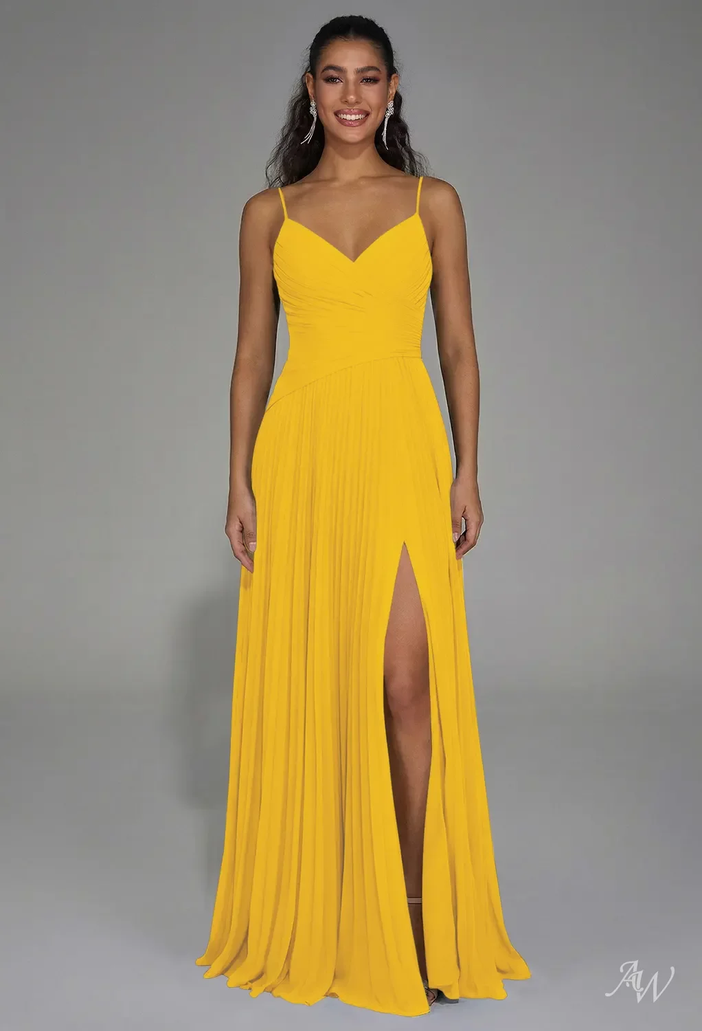 AW.Bridal A-line V-Neck Floor Length Sleeveless Spaghetti Straps Pleat Drop Waist Wedding Guest Dresses Dress Mustard Yellow Size 8