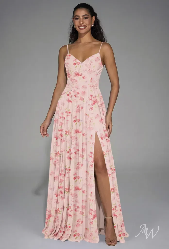 blossom formal dresses AW.Bridal A-line V-Neck Sleeveless Spaghetti Straps Pleat Drop Waist Floral Wedding Guest Dresses Floral Dress Peach Blossom Breeze Size 6