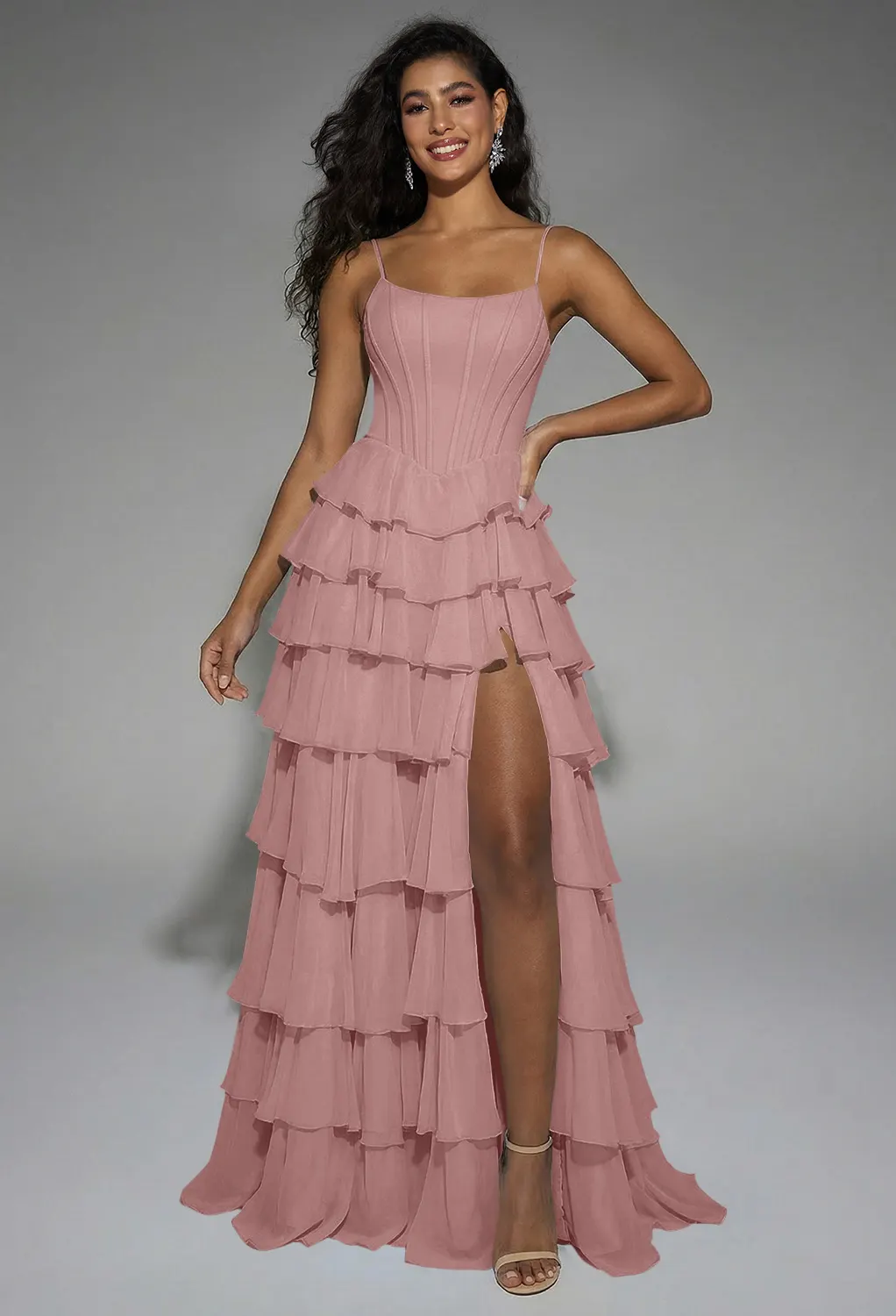 strapless open back dress Sweep/Brush Train Glitter Fabric V-Neck Dusty Rose Wedding Guest Dress