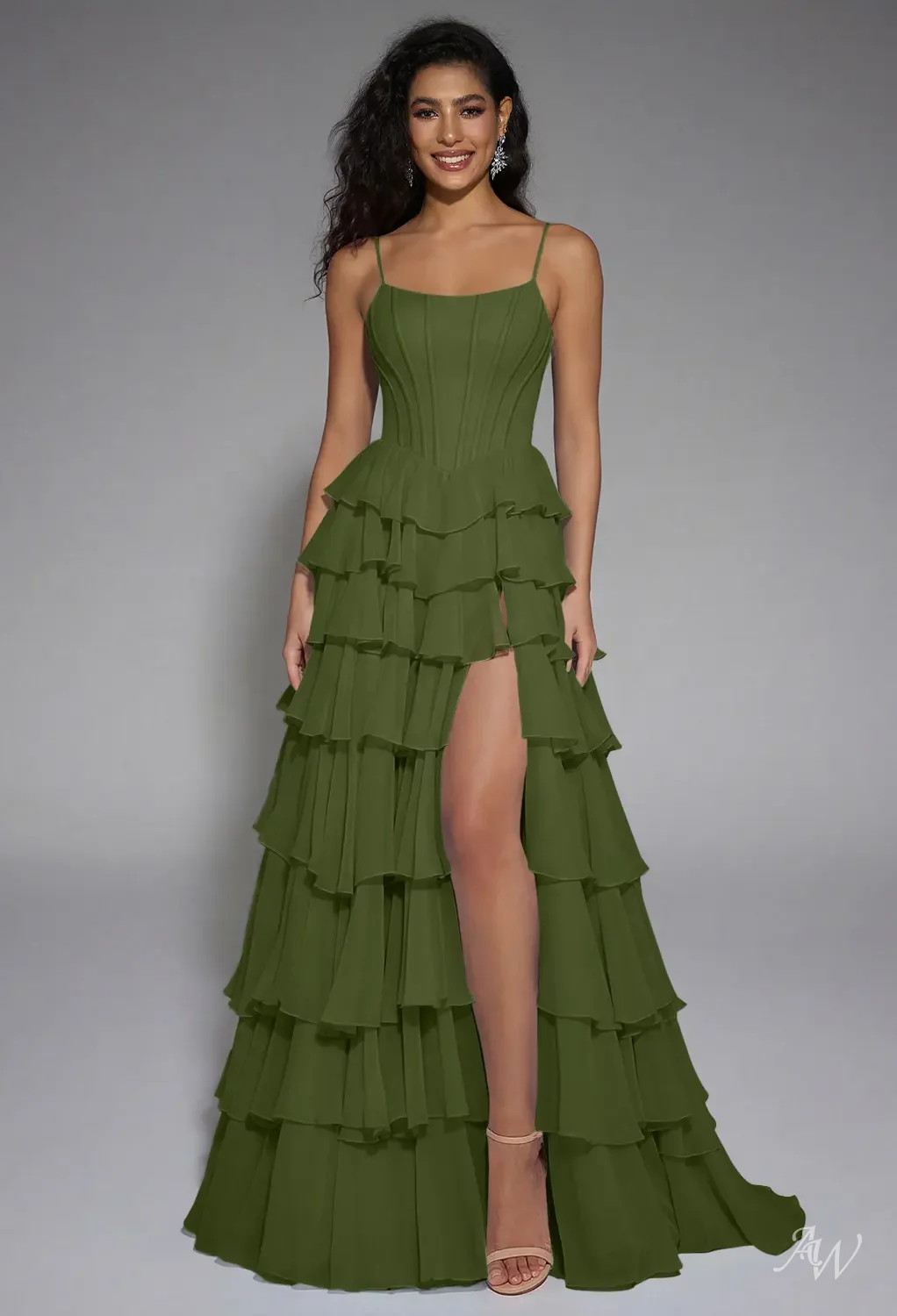 olive green high low dress Adrianna Women's Strech V-Neck Satin Dress - Martini Olive main image 0