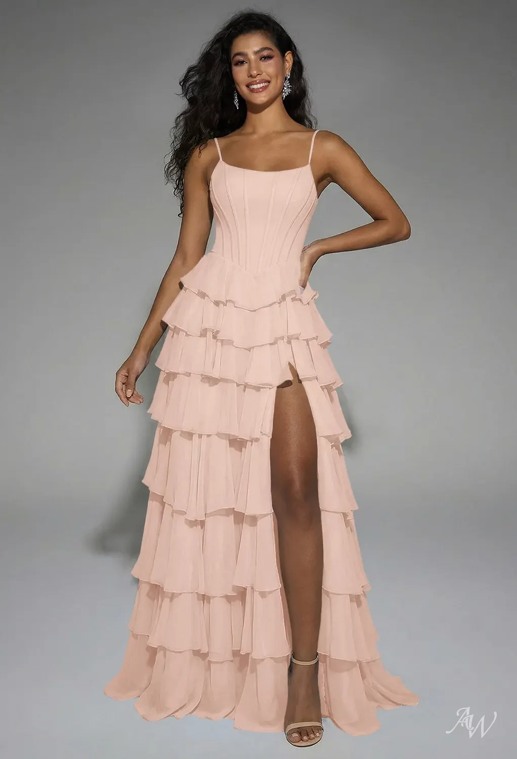 joy bridesmaid dresses AW.Bridal A-line Scoop/U-Neck Floor Length Sleeveless Spaghetti Straps Tiered Wedding Guest Dress Pearl Pink Size 18 Floor Length OPEN PO Women's Black Cocktail & Size:13/47