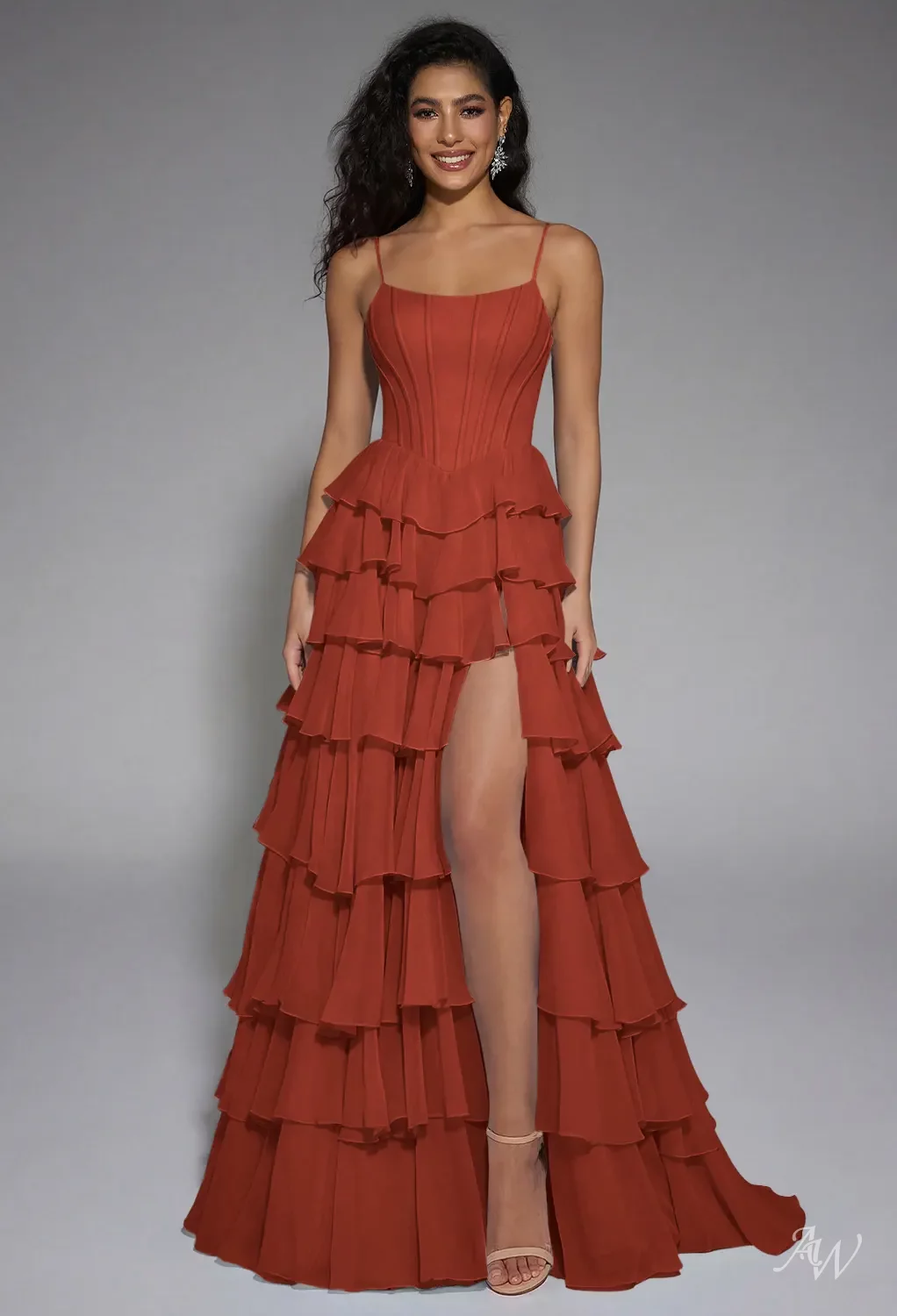 AW.Bridal A-line Scoop/U-Neck Floor Length Sleeveless Spaghetti Straps Tiered Long Bridesmaid Dresses Dress Rust Size 8