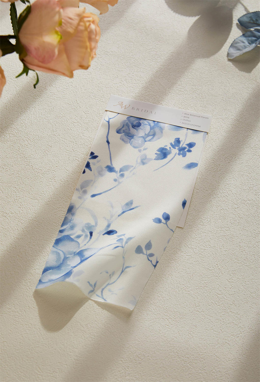 AW Chiffon Swatches for Bridal Dresses Blue Botanical Floral