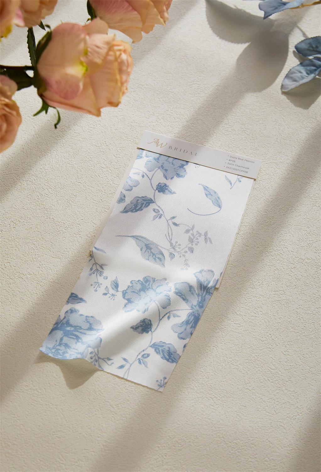 AW Satin Charmeuse Floral Swatches Dusty Blue Peonies