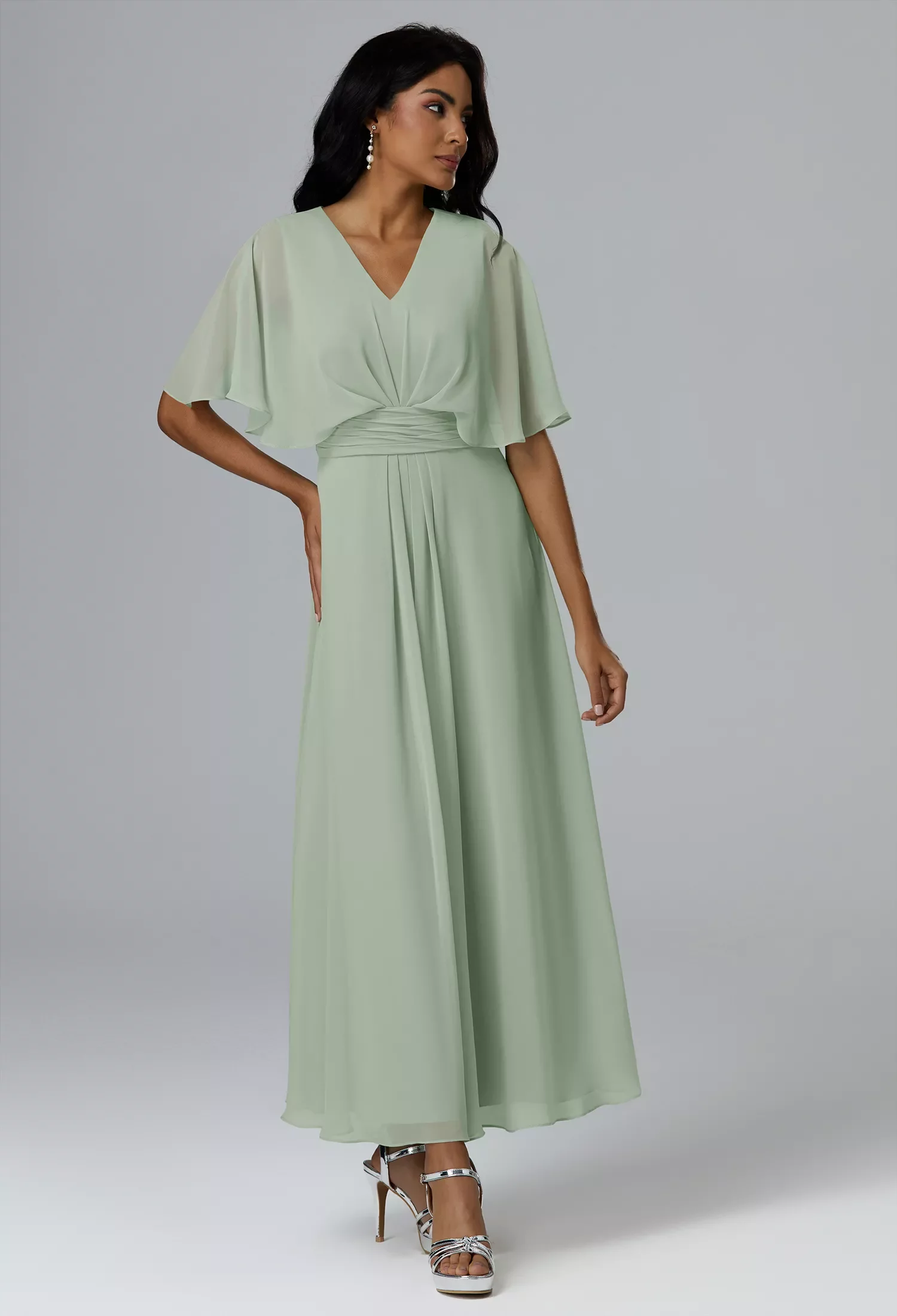 AW Keanu Dress, Sage Green Chiffon Ankle Length V-Neck Bridesmaid Dresses | AW.Bridal New Zealand AW Keanu Dress, Sage Green Chiffon Ankle Length V-Neck Bridesmaid Dresses | AW.Bridal New Zealand