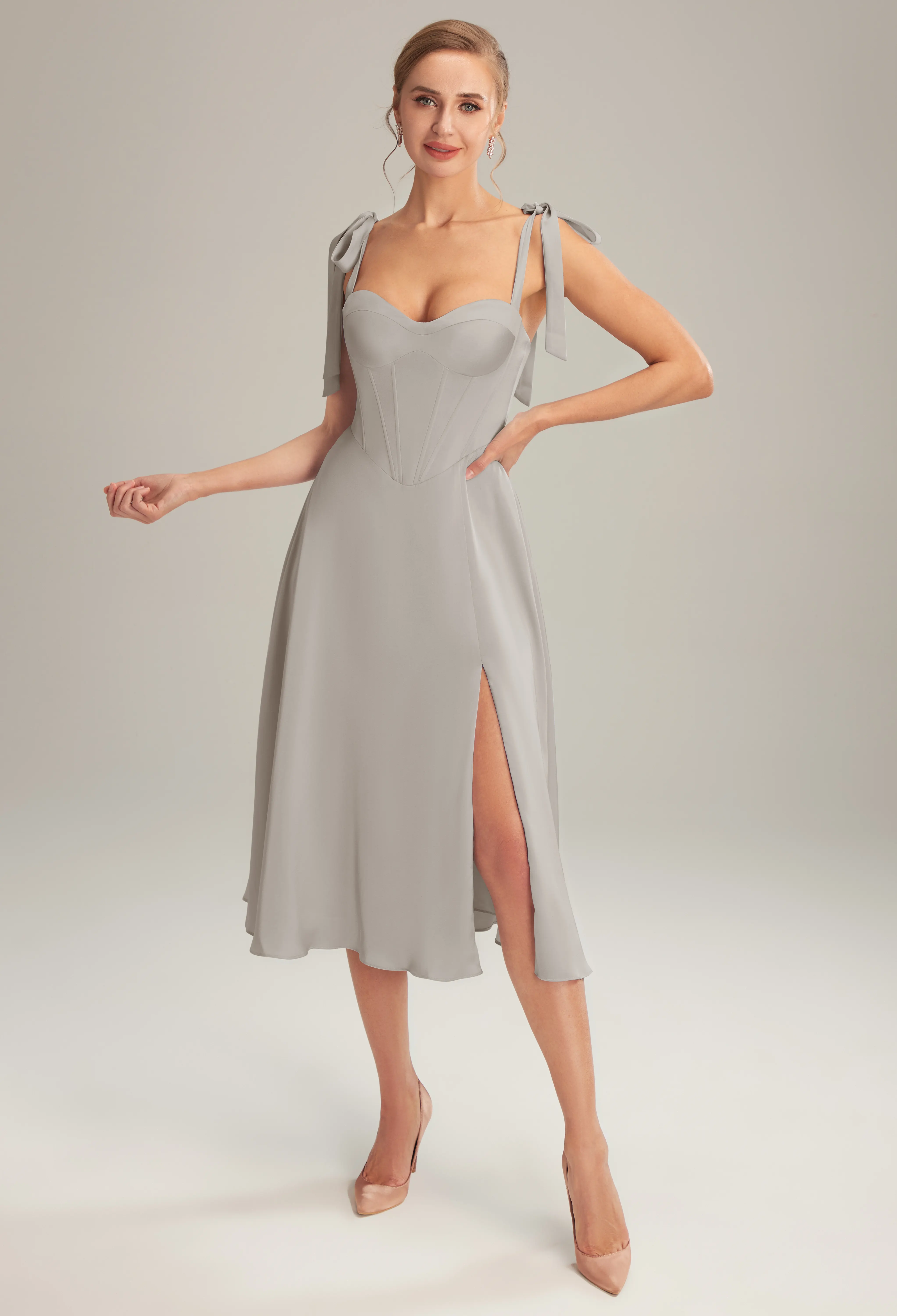 mushroom coloured bridesmaid dresses Wedtrend Women Eucalyptus Ruched Spaghetti Straps Long Chiffon Bridesmaid  Dress with Slit – WEDTREND main image 1