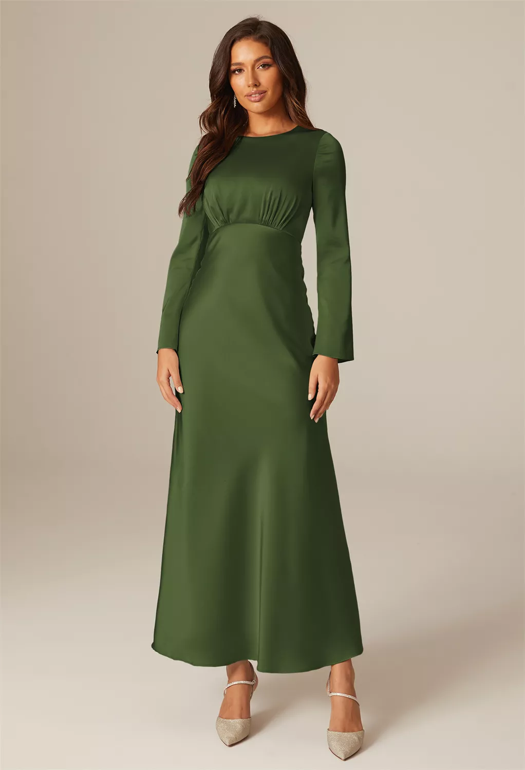 blue dress for baby girl Olive Green Shiny Elastic Satin High Low Slit Bridesmaid Dresses, CB0249 US12 / As Pic