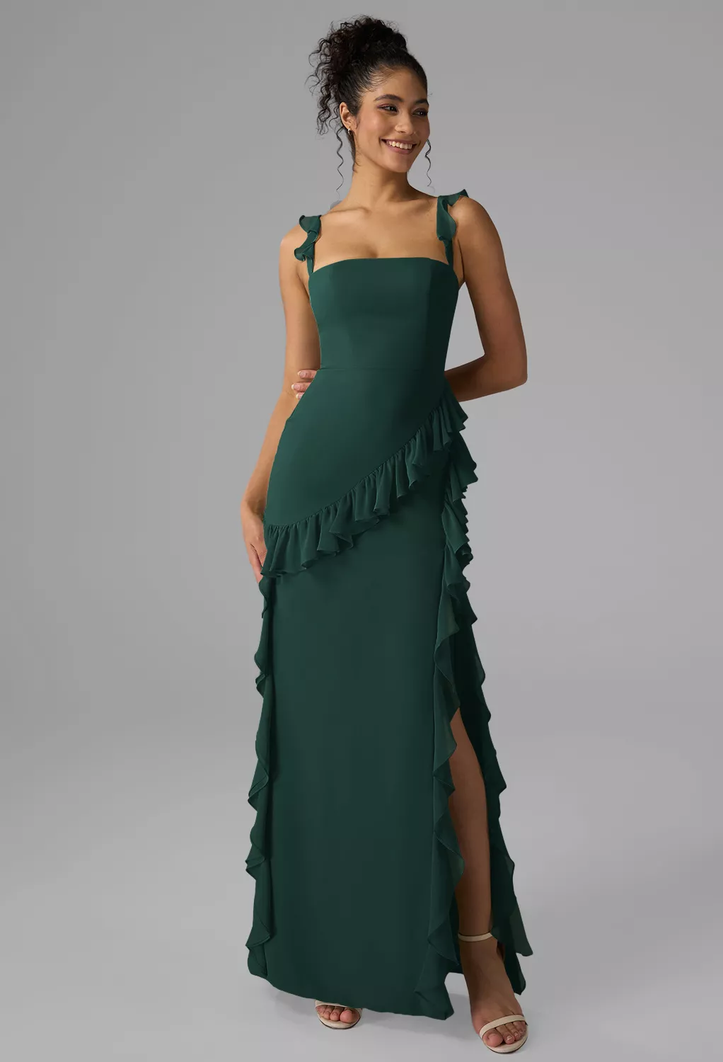 emerald green bridesmaid dresses nz [Final Sale] Emerald Green Chiffon Slit High Low Sweetheart Straps Pleated  Flowy Bridesmaid Dress main image 0