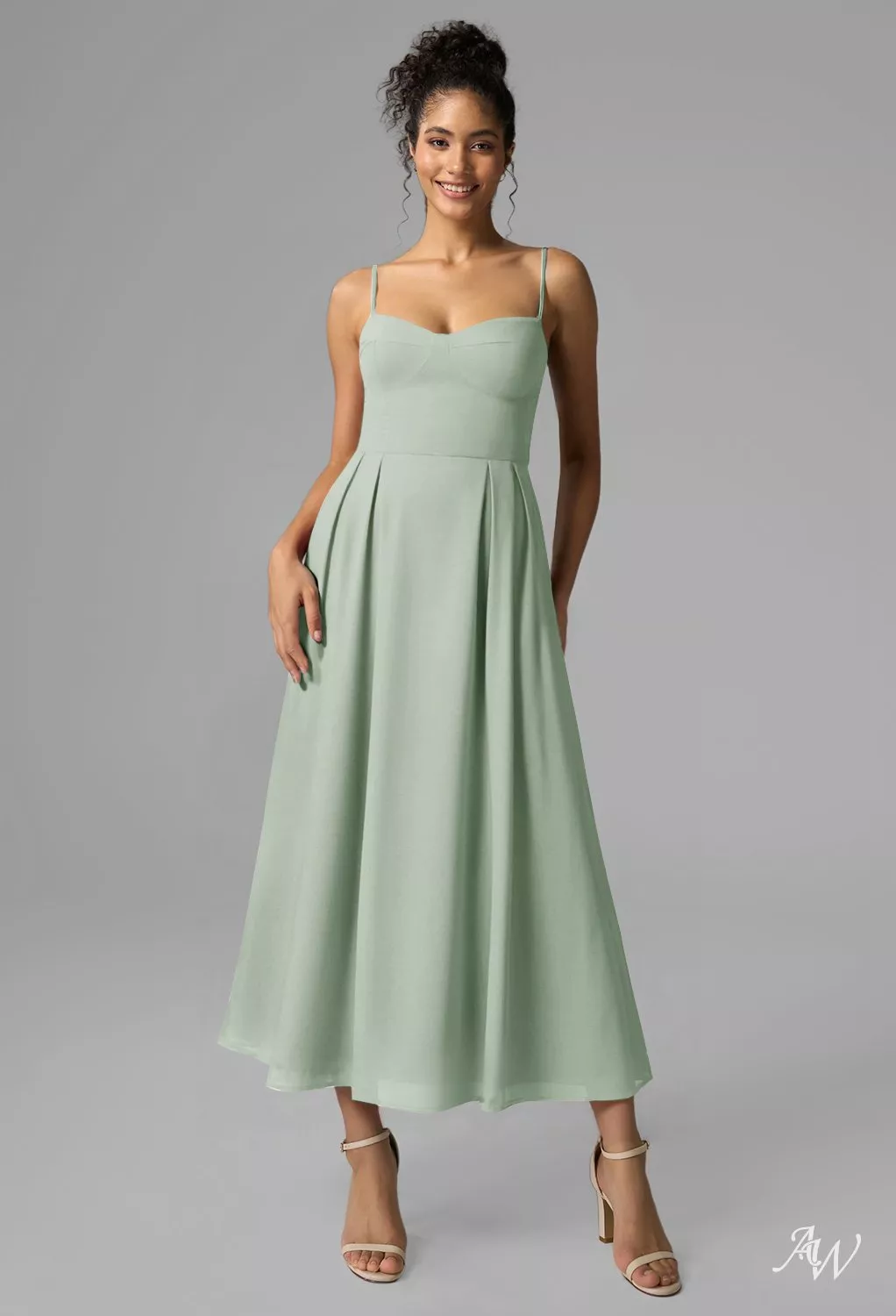 tea length green bridesmaid dresses Ladivine by Cinderella Divine Greenery Tea Length Satin A-Line Dress 16 main image 1