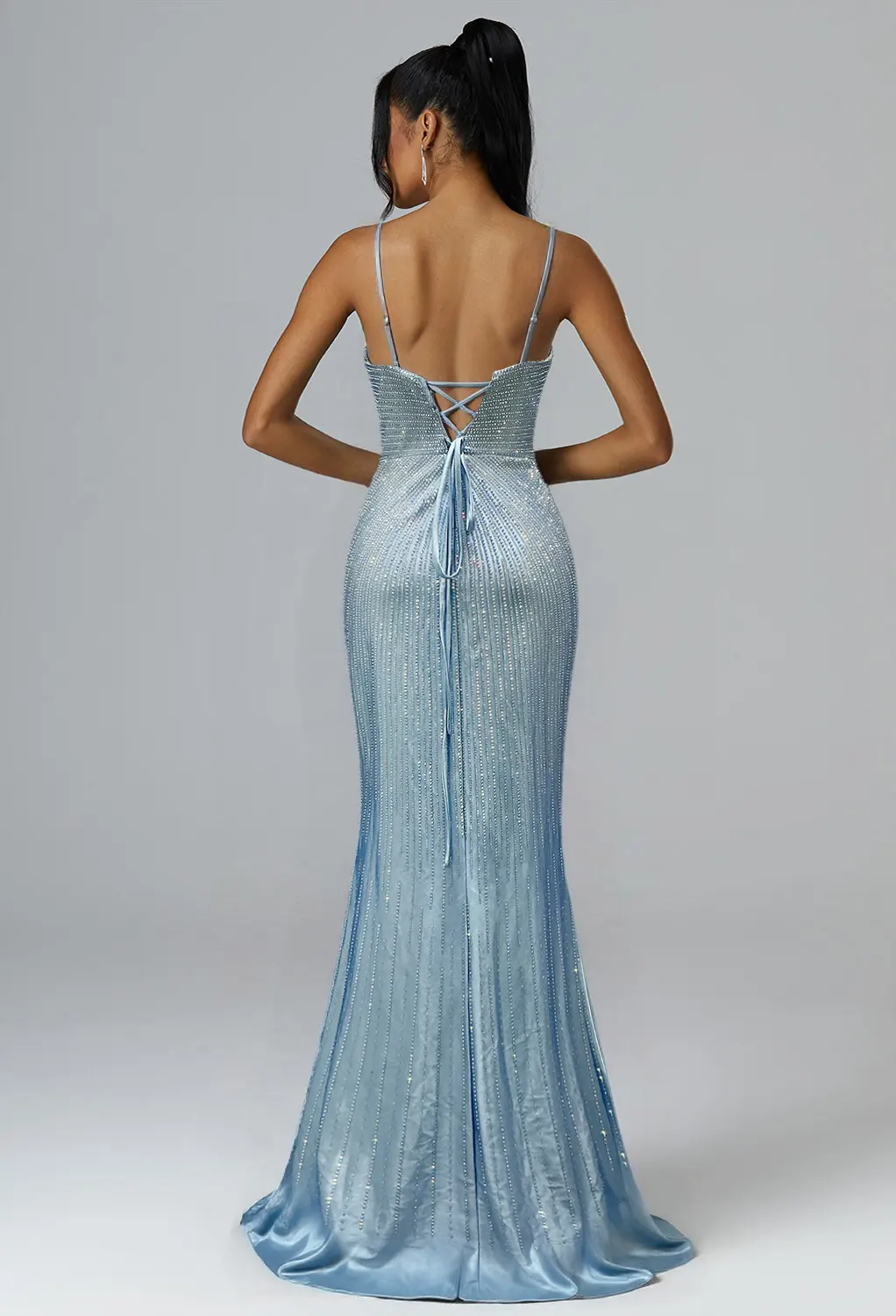 princess polly baby blue dress AW Asiya Dress, Dusty Blue Stretch Satin Floor Length V-Neck Dresses