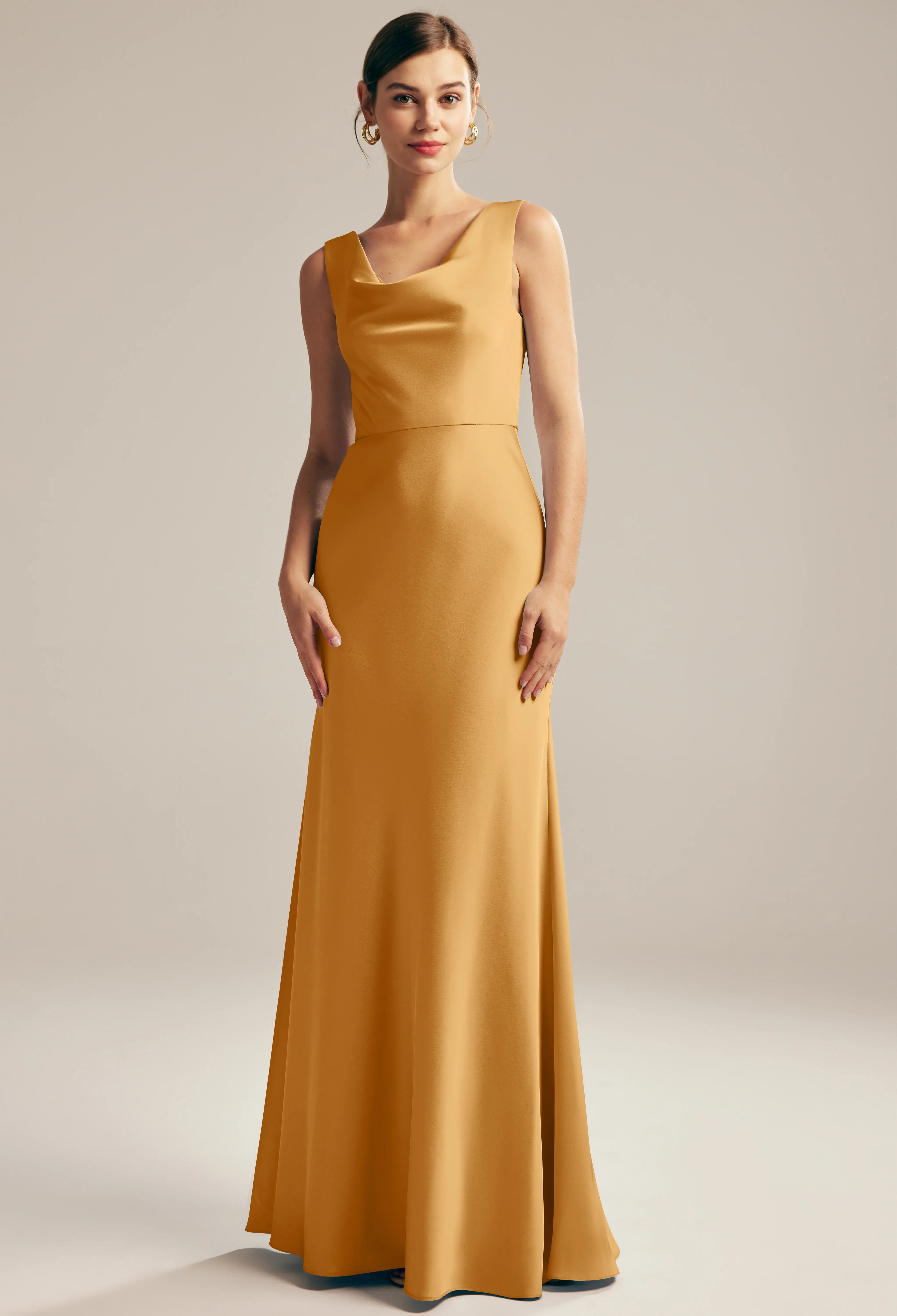 butterscotch yellow bridesmaid dress AW.Bridal Mermaid Cowl Neckline Floor Length Sleeveless Satin Long Dresses Size 4 Styled from the sleekest Elbe-All Harper Modest Wedding Dress Color:PEACOCK/JADE