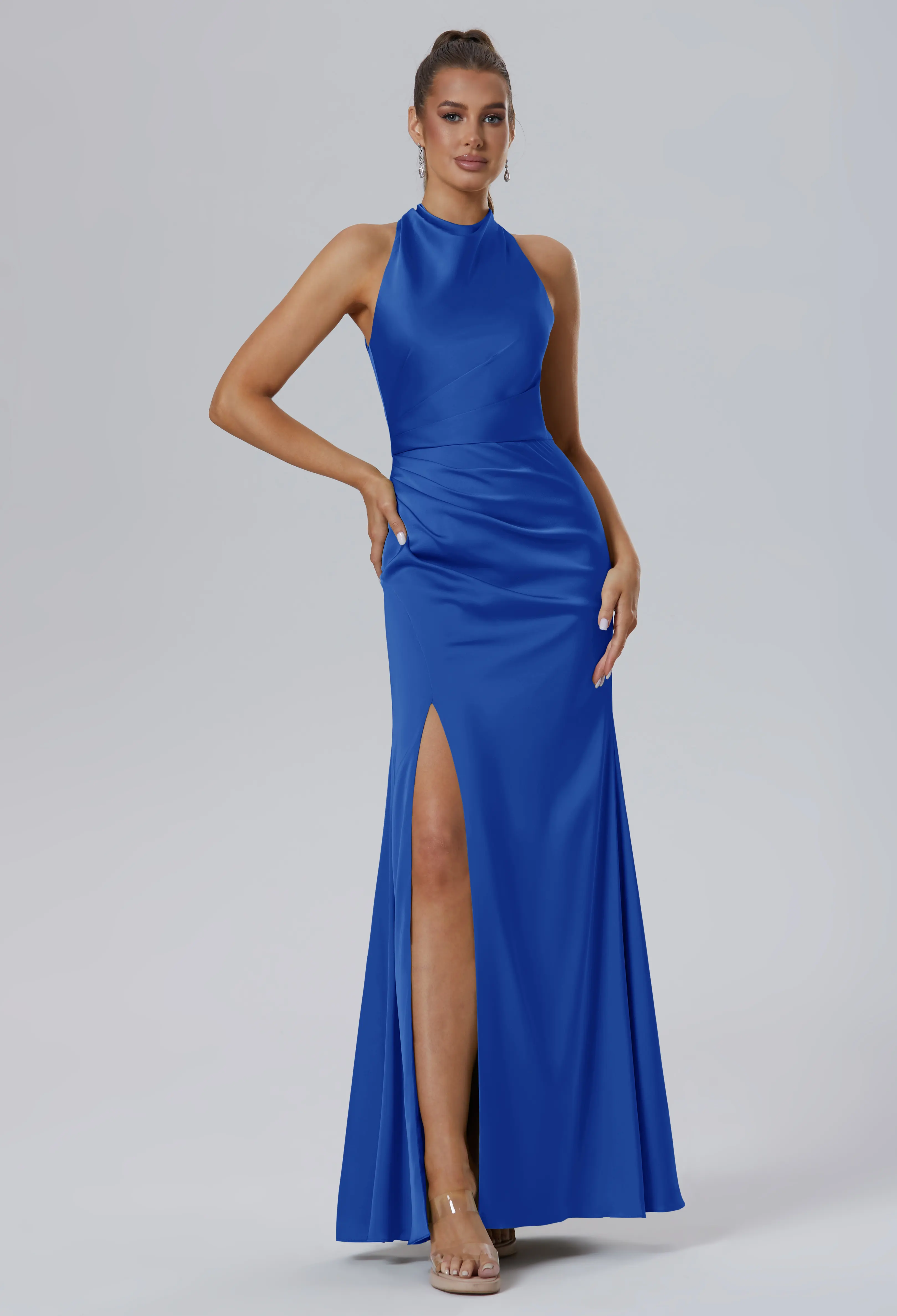 cornflower blue formal dress AW.Bridal Mermaid Bateau Neckline Floor Length Sleeveless Satin Ruching Plus Size Dresses Size 16 Solid Dress Shirts