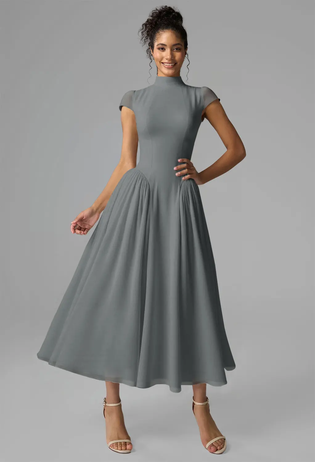 pewter bridesmaid dresses AW.Bridal A-line Turtleneck Tea Length Short Sleeves Drop Waist Short Dress Steel Gray Size 18 size-us-4 FIT About 62 from Blue Homecoming Dresses 2026 Color:Victorian Rose