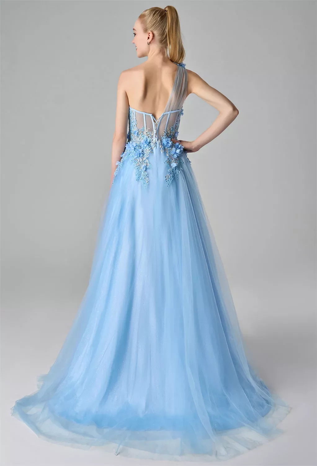 a line dresses singapore AW Annabel Dress, Baby Blue Tulle Floor Length One Shoulder Color:Vanilla (Photo)