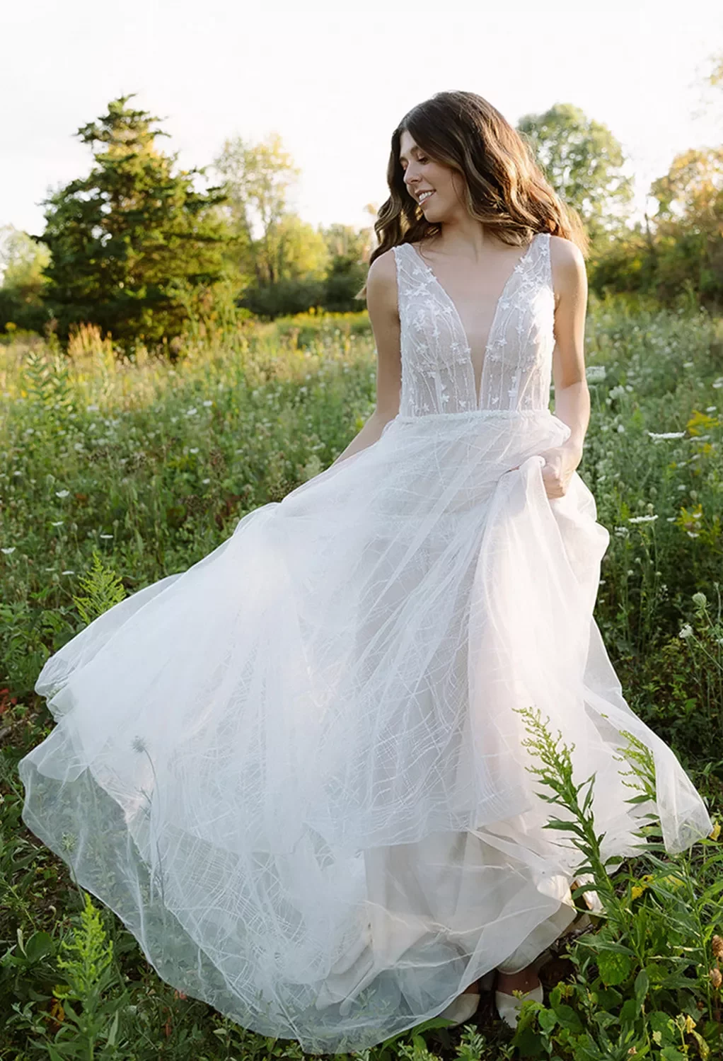 AW Lindy Wedding Dress, Tulle Floor Length V-Neck Wedding Dresses