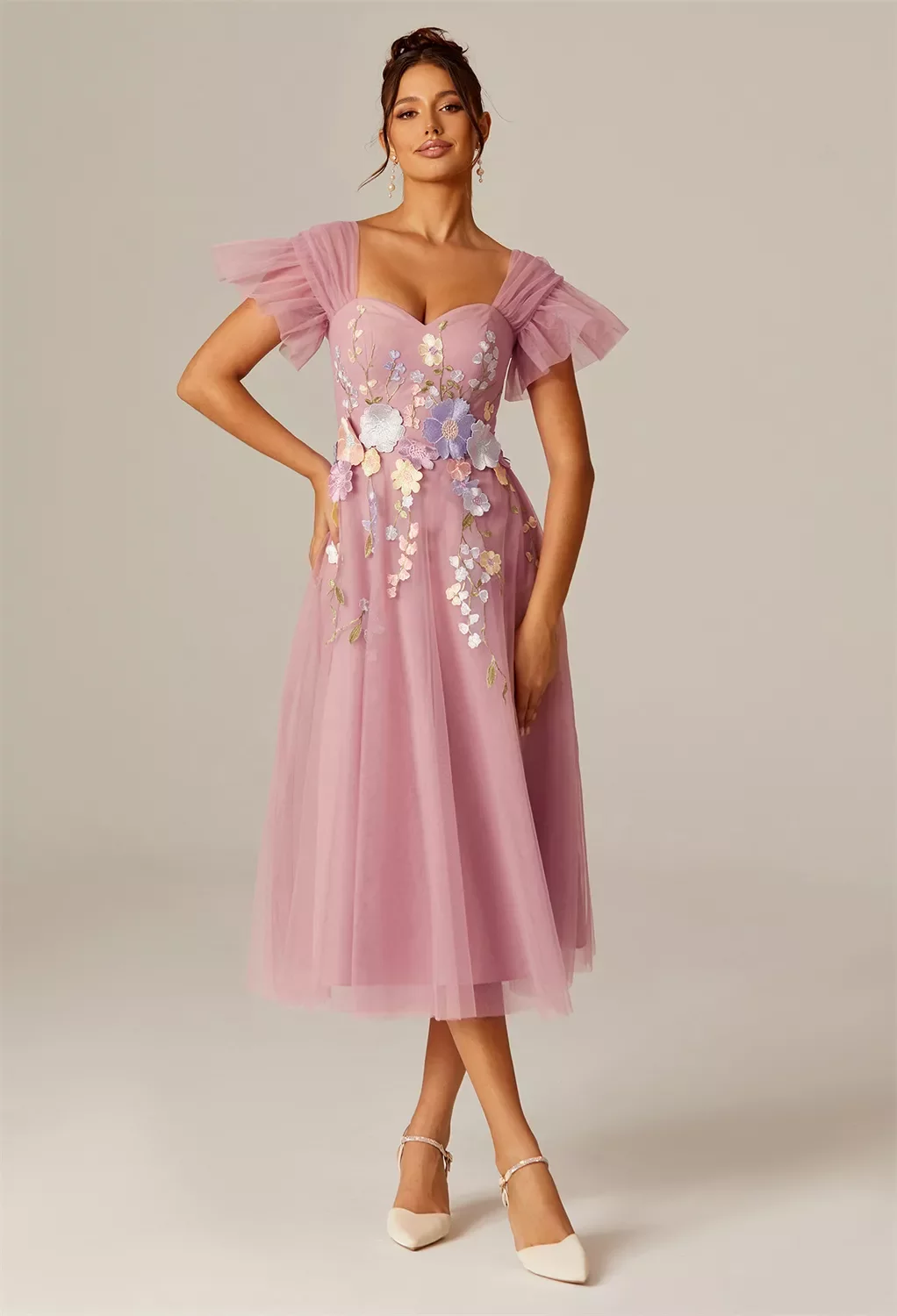 AW Christiana Dress, Dusty Rose Tulle Tea Length Sweetheart Neckline Dresses  | AW.Bridal Singapore
