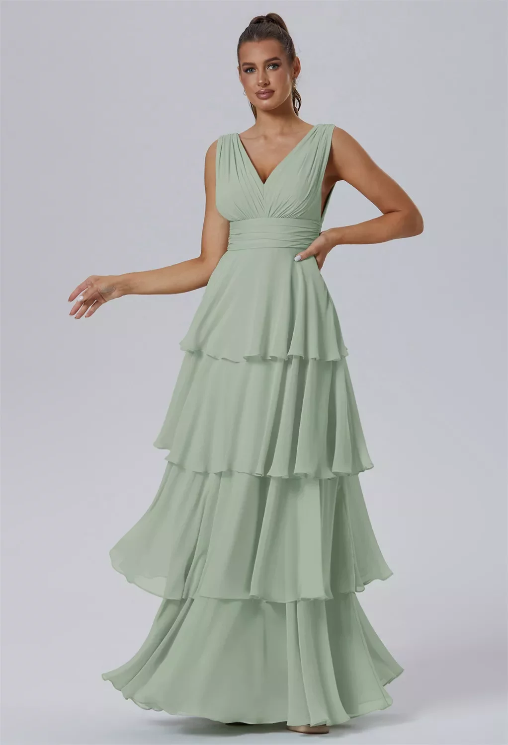 AW Amabel Dress, Sage Green Chiffon Floor Length V-Neck Bridesmaid Dresses
