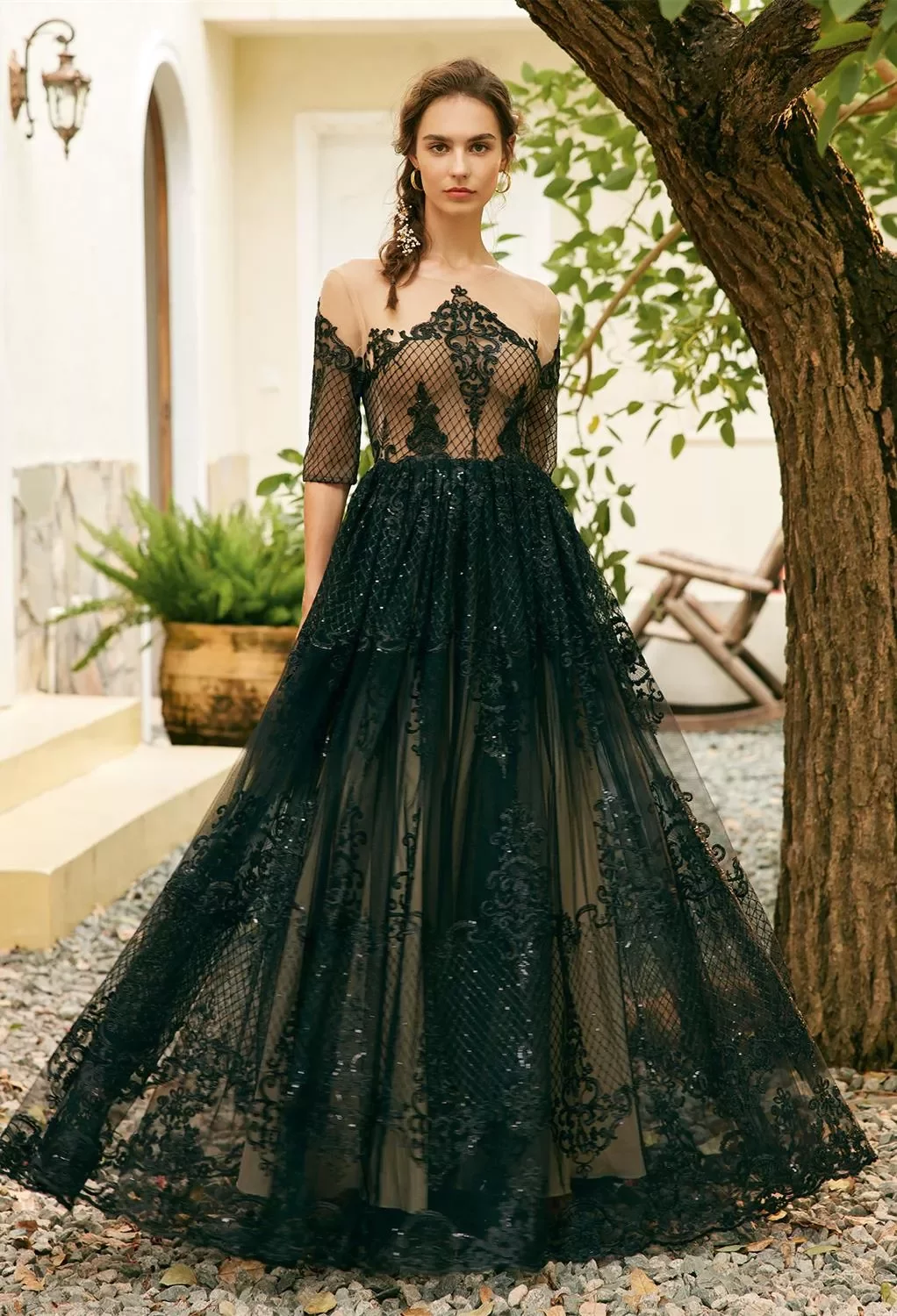 a line dresses singapore Embroidered Sheer Sleeveless Slit Gown by Poly USA 9376 – ABC Fashion main image 0