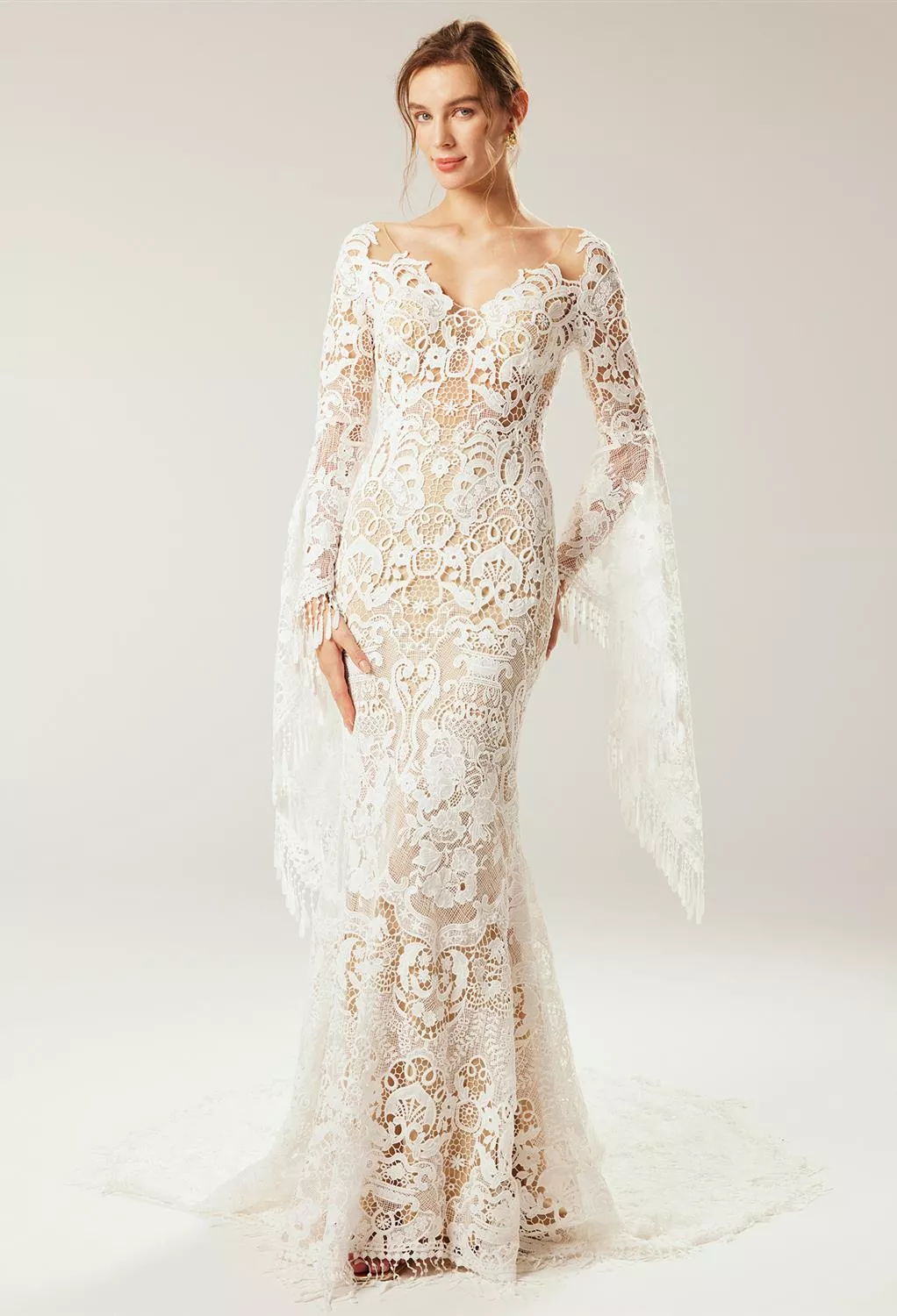 chinese dress ladies Semi Transparent Lace Long Sleeves Midi Dress – Slady Singapore main image 1